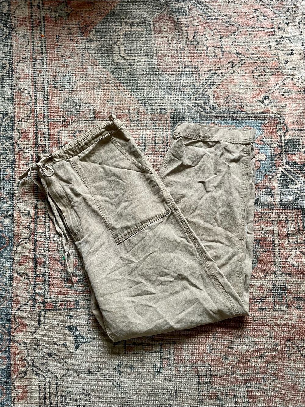 People Tree 100% Organic Cotton Khaki Utility Trousers Elastic Drawstring Waist